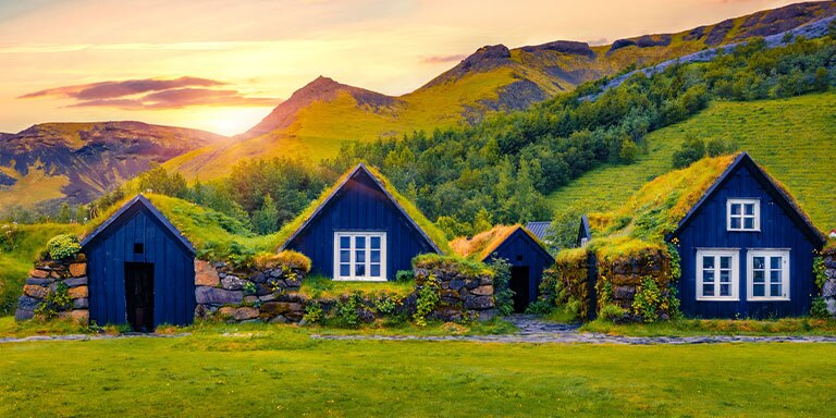 Cottages nestled in the mountains in Reykjavik, Iceland